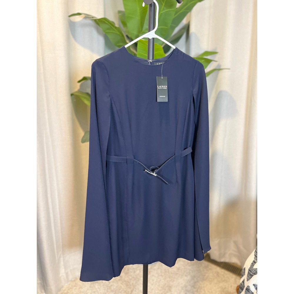 Lauren Ralph Lauren Navy Blue Cape Sleeve Belted Dress Size 2 New